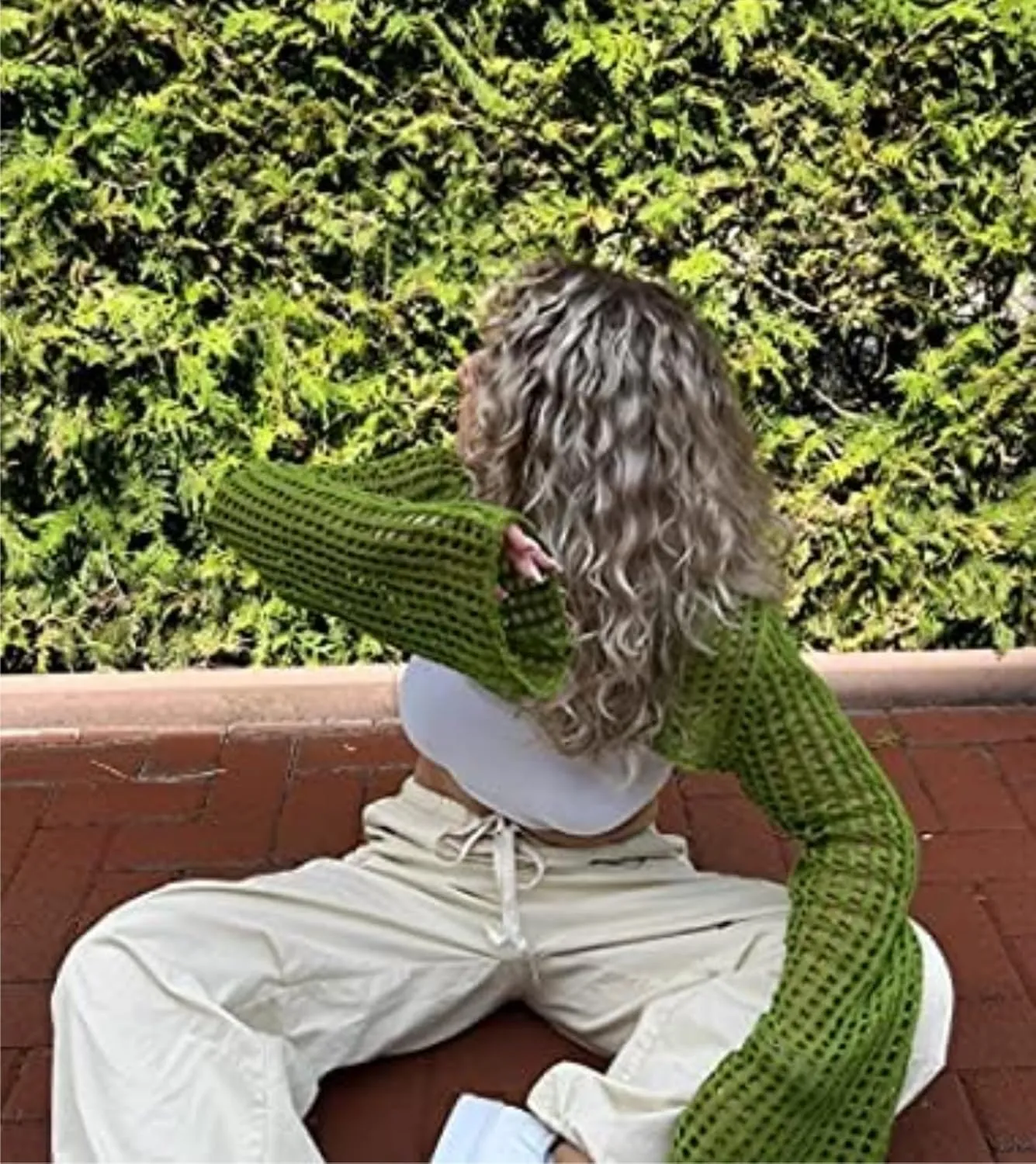 Aimiray Women's Sexy Mesh Crochet Crop Top Hollow Out Beach Cover Ups See Through Long Sleeve Y2k Knit Sweater Tees