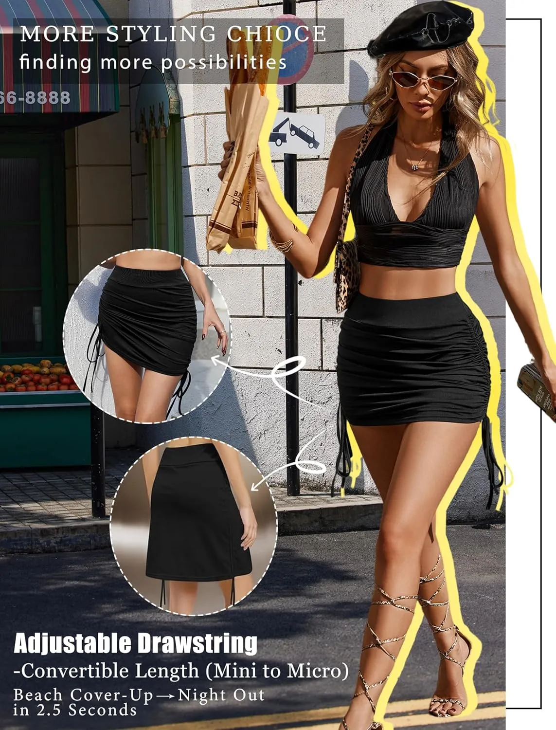 Avidlove Skirts for Women Sexy High Waist Side Drawstring Stretchy Ruched Bodycon Short Mini Skirt with Underskirt