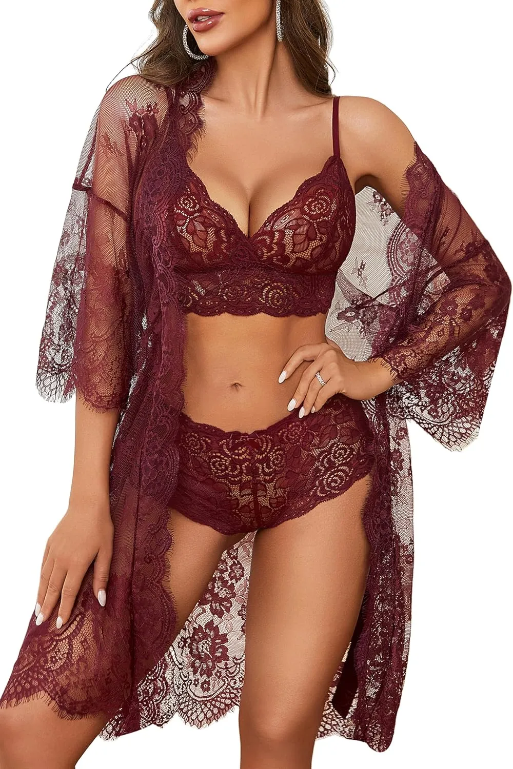 Avidlove Women Sexy Lingerie Set 3 Piece Bra and Panty Sets with Lace Kimono Robe Sleepwear Mesh Nightgown