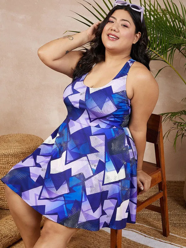 Berrylush Women Plus Size Blue & Purple Abstract Printed Round Neck Sleeveless Flared Mini Swim Dress