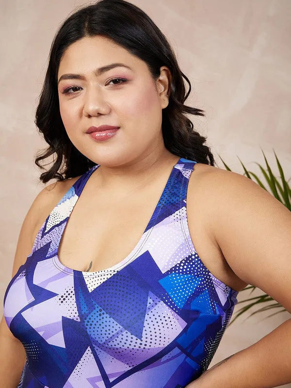 Berrylush Women Plus Size Blue & Purple Abstract Printed Round Neck Sleeveless Flared Mini Swim Dress