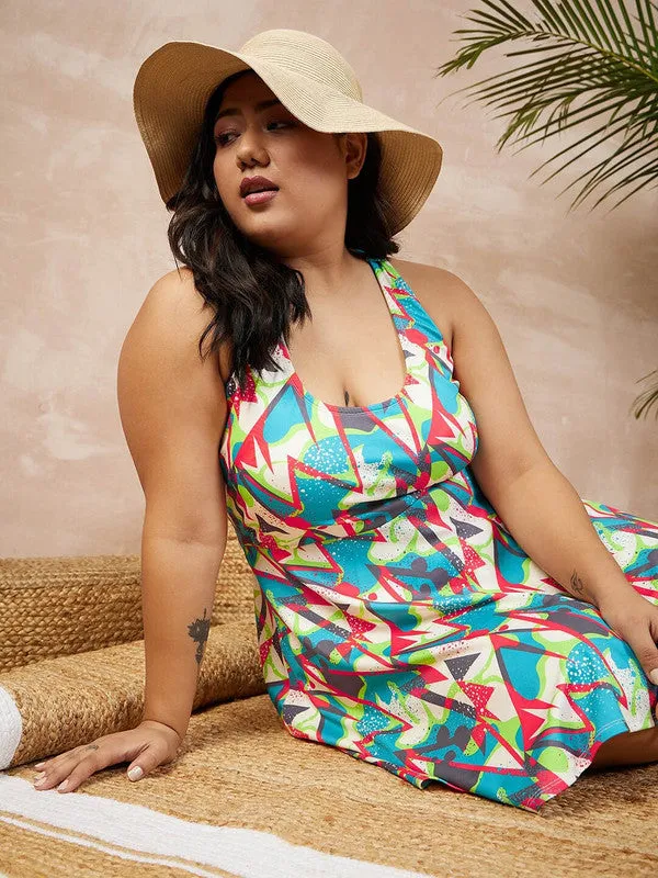 Berrylush Women Plus Size Multicolour Geometric Printed Round Neck Sleeveless Flared Mini Swim Dress