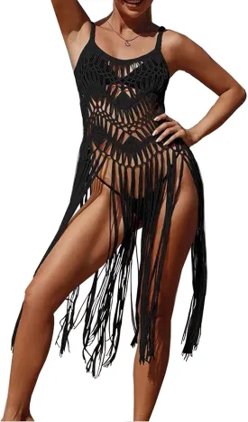 Bohemian Long Bikini Cover Up Dress Women's Crochet Fringed Swimsuit Coverup 2025 Summer Vacation Beach Coverups
