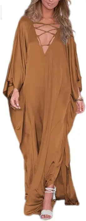 Bsubseach 2025 Long Kaftan Dresses Muumuu Plus Size V Neck Vintage Caftan Coverup Sexy Satin Dress