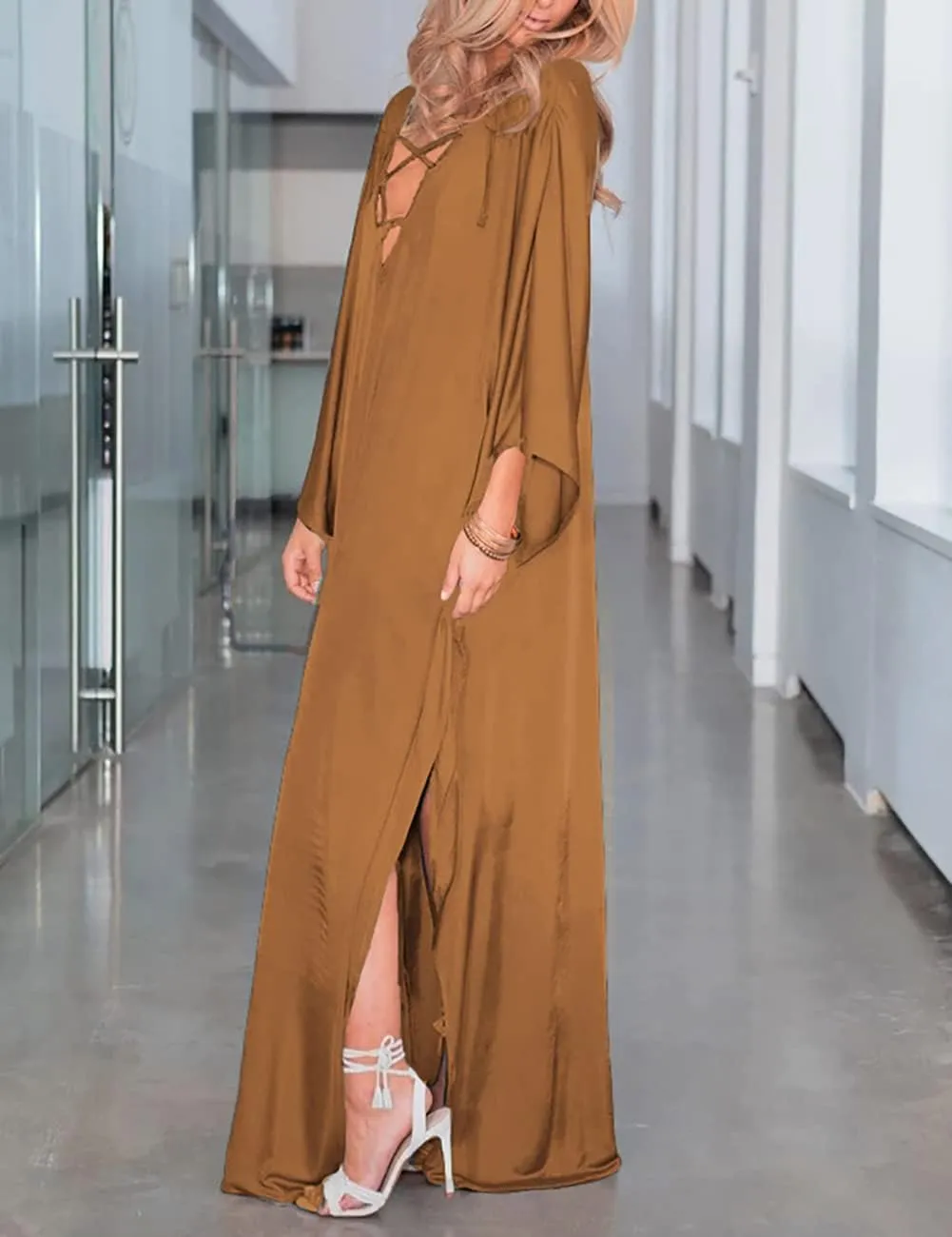 Bsubseach 2025 Long Kaftan Dresses Muumuu Plus Size V Neck Vintage Caftan Coverup Sexy Satin Dress