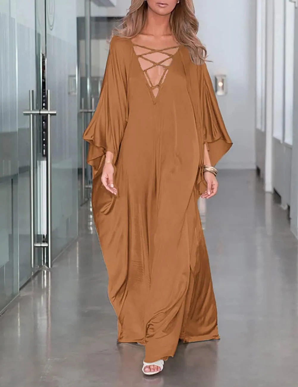 Bsubseach 2025 Long Kaftan Dresses Muumuu Plus Size V Neck Vintage Caftan Coverup Sexy Satin Dress