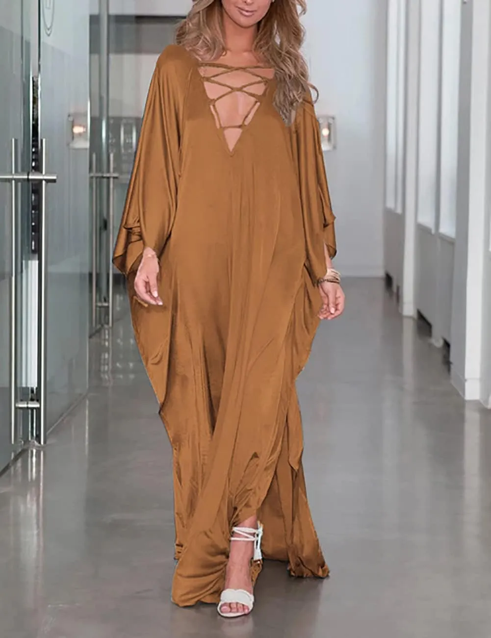 Bsubseach 2025 Long Kaftan Dresses Muumuu Plus Size V Neck Vintage Caftan Coverup Sexy Satin Dress