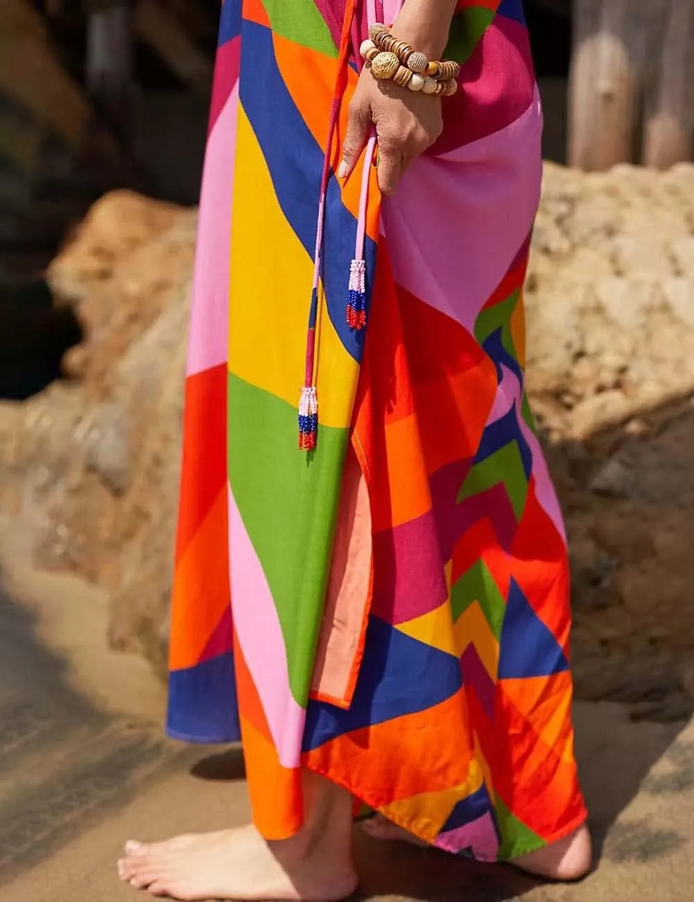Bsubseach Kaftan Dresses for Women Bathing Suit Cover Up Beach Caftan with Drawstring