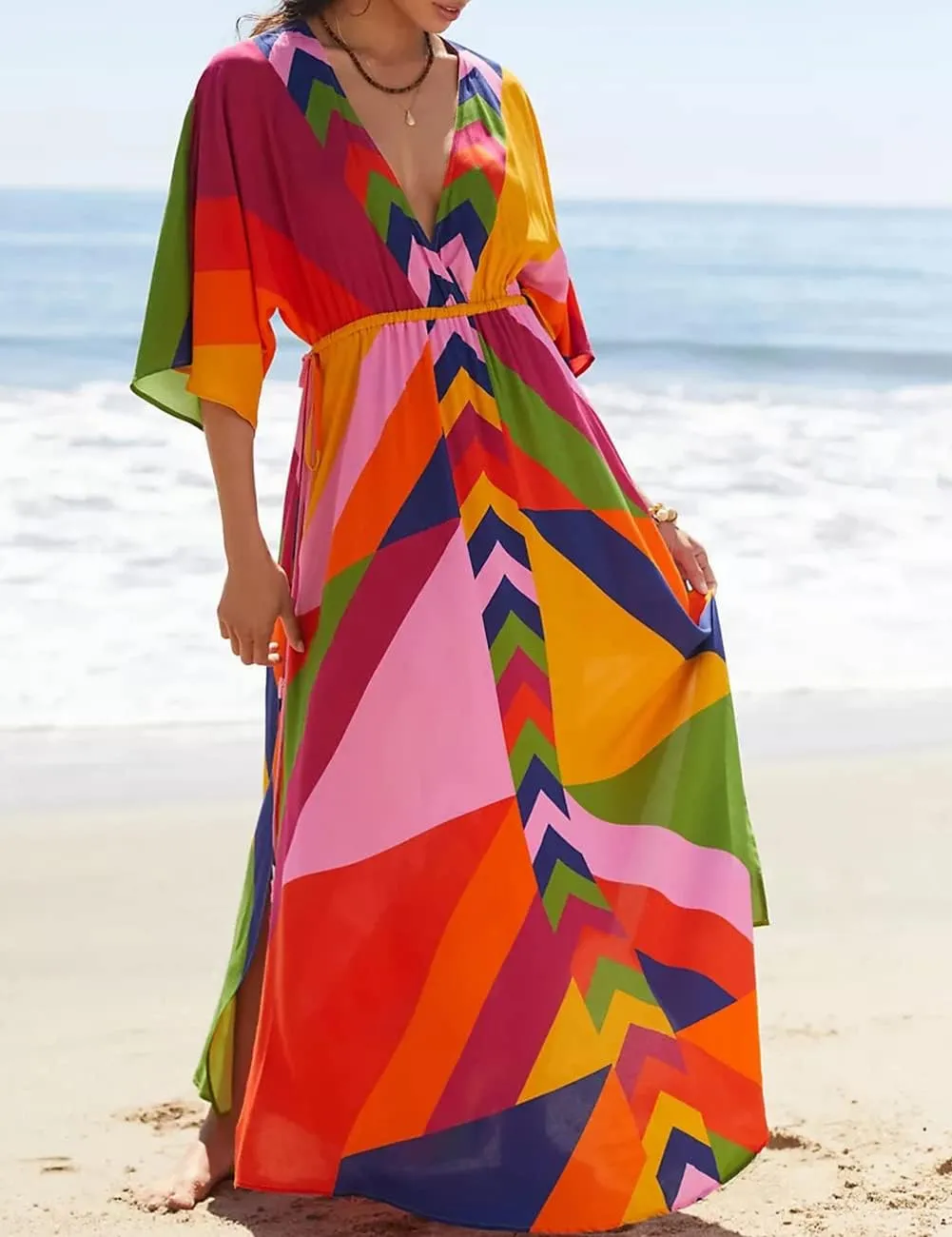 Bsubseach Kaftan Dresses for Women Bathing Suit Cover Up Beach Caftan with Drawstring
