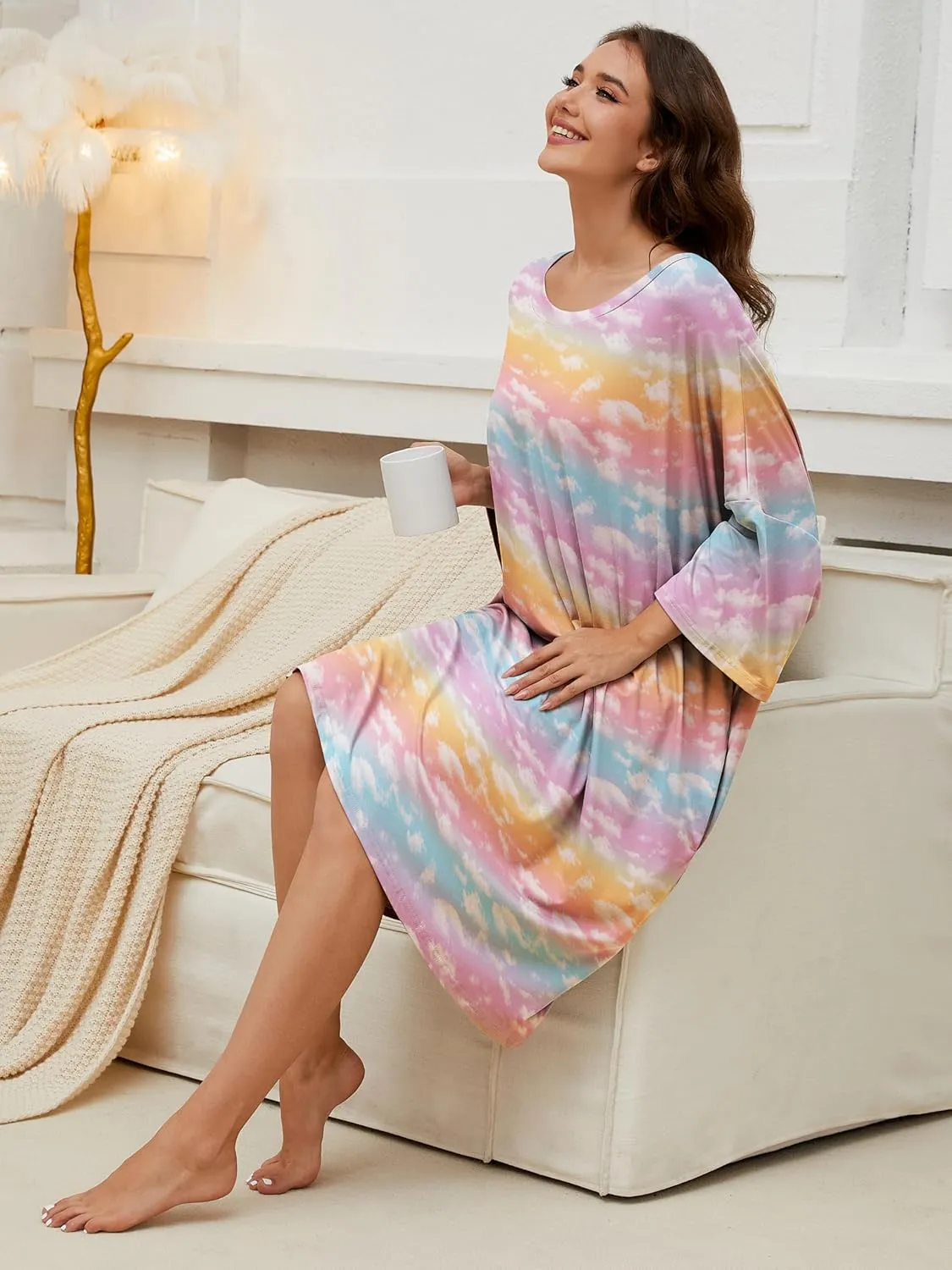 Chunoy Women Oversized Nightgown Short Sleeve Sleepwear Dress with Pockets