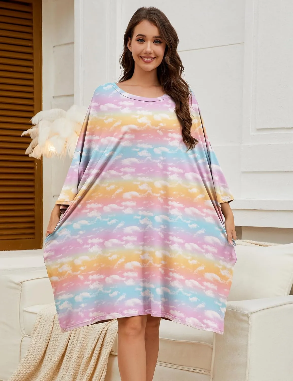 Chunoy Women Oversized Nightgown Short Sleeve Sleepwear Dress with Pockets