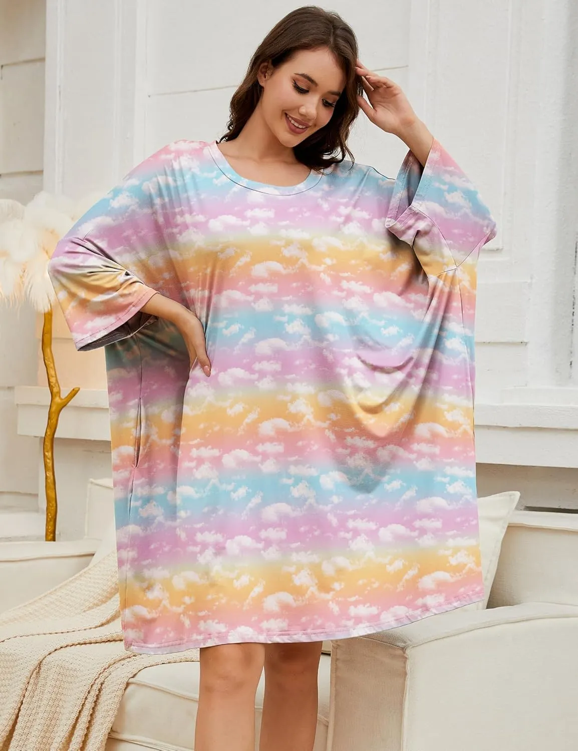 Chunoy Women Oversized Nightgown Short Sleeve Sleepwear Dress with Pockets
