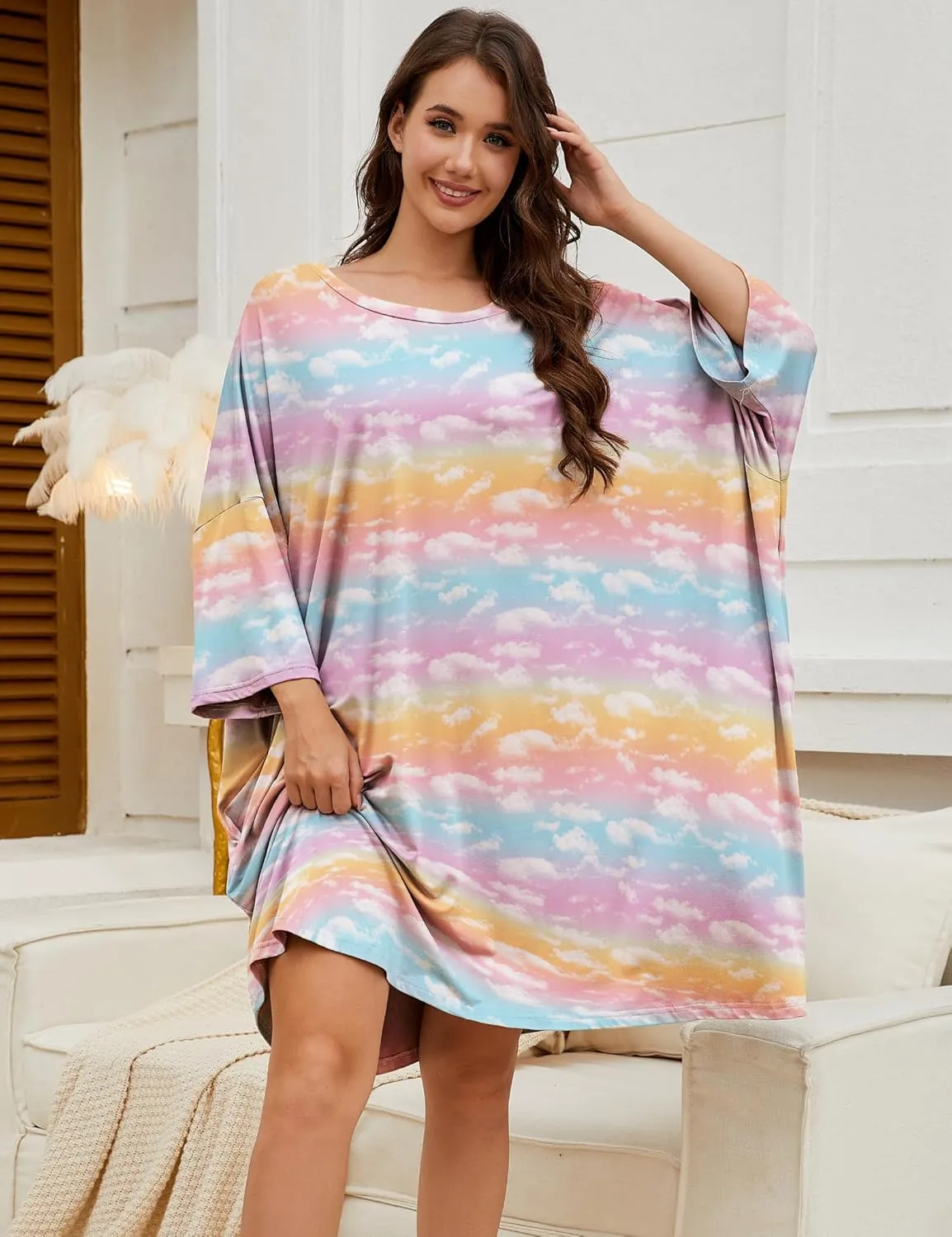 Chunoy Women Oversized Nightgown Short Sleeve Sleepwear Dress with Pockets