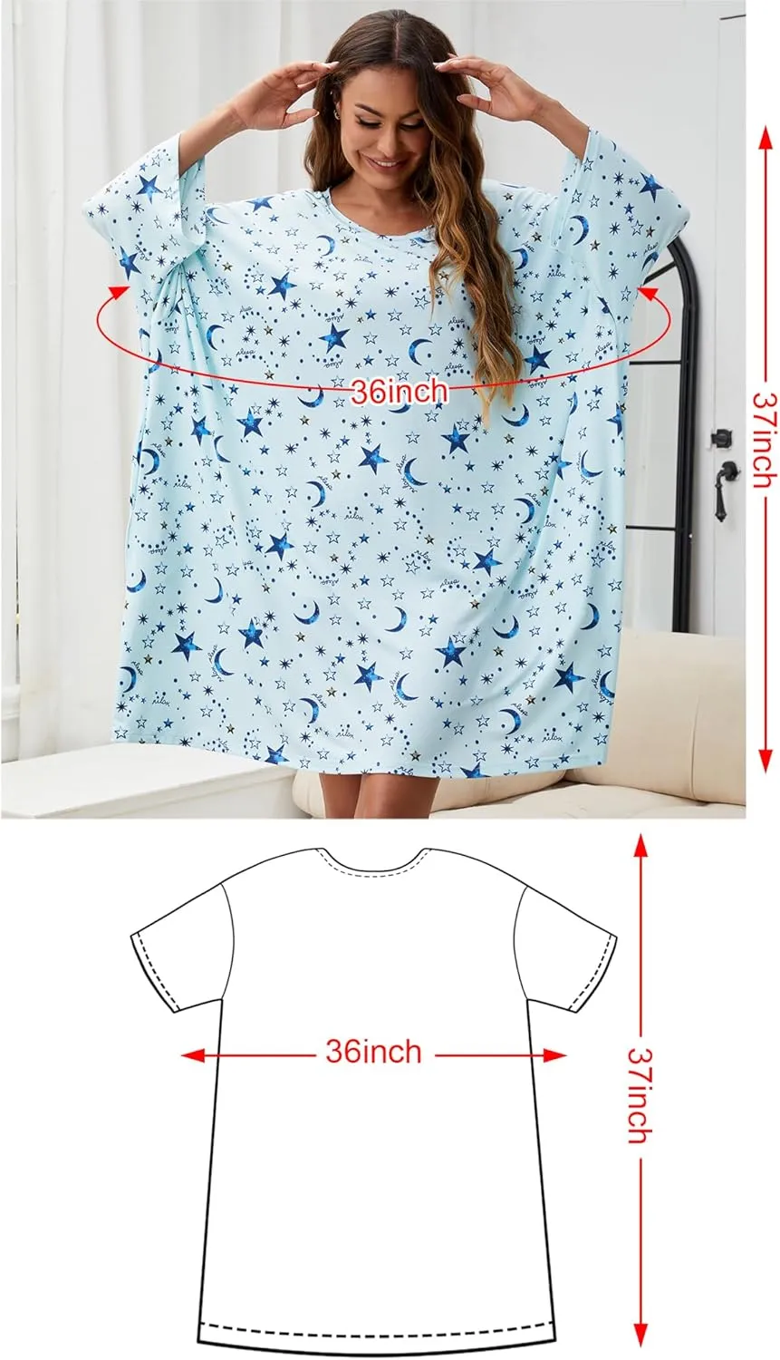 Chunoy Women Oversized Nightgown Short Sleeve Sleepwear Dress with Pockets