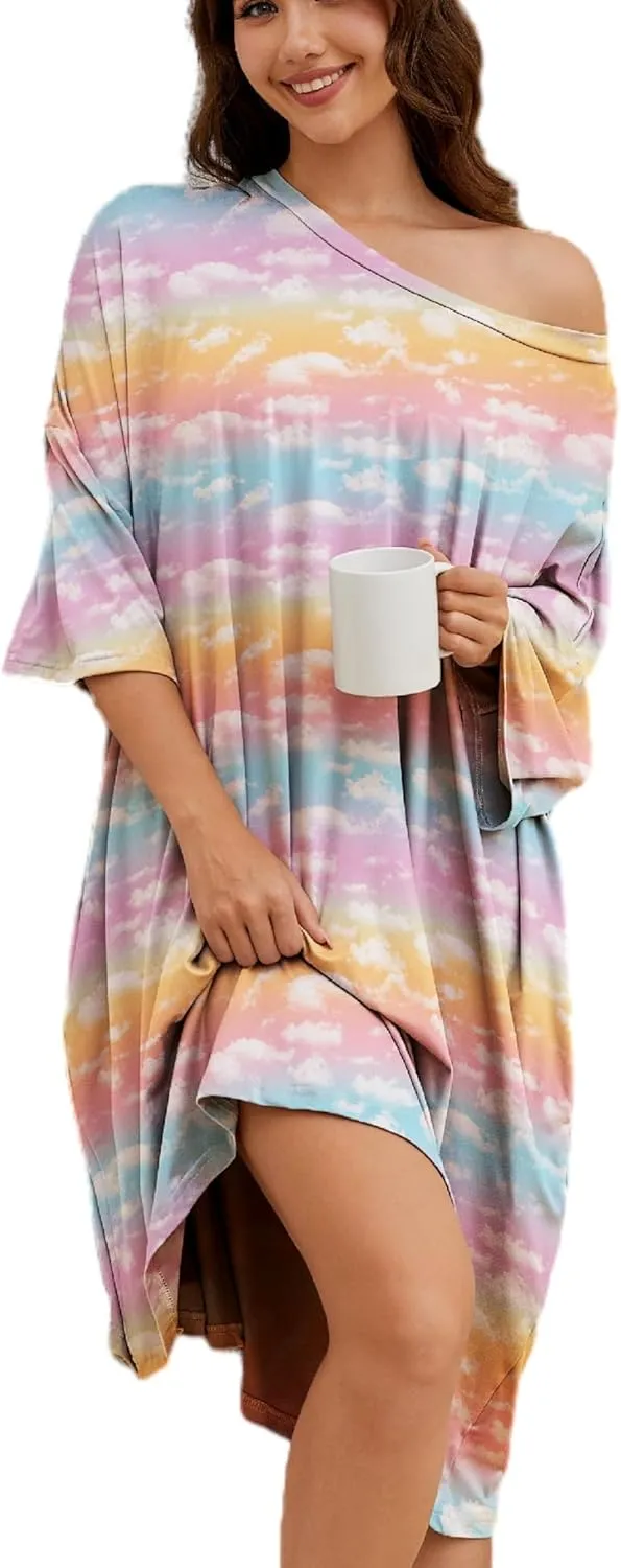 Chunoy Women Oversized Nightgown Short Sleeve Sleepwear Dress with Pockets