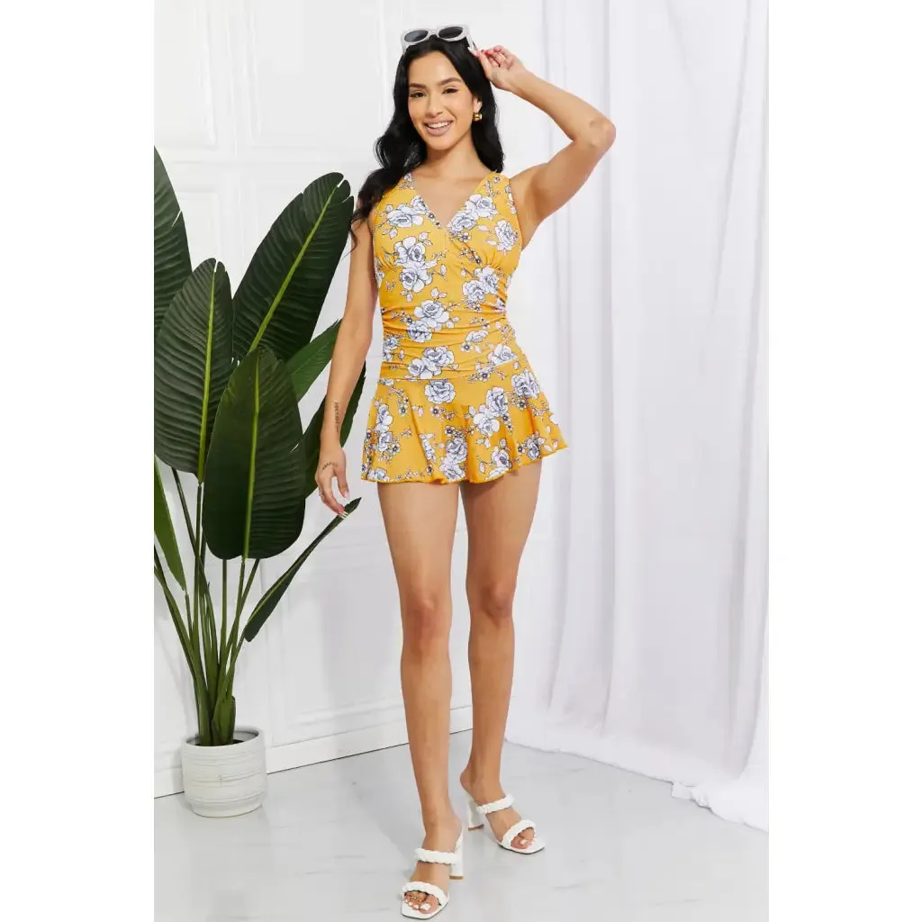 Clear Waters Swim Dress in Mustard Floral