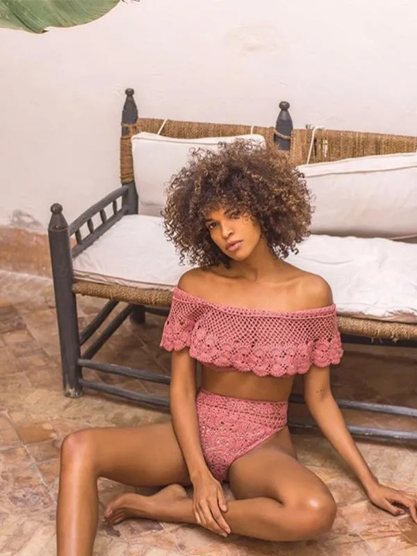Crochet Filigree High-waisted Bikini Brazilian Bottom - Vintage Rose
