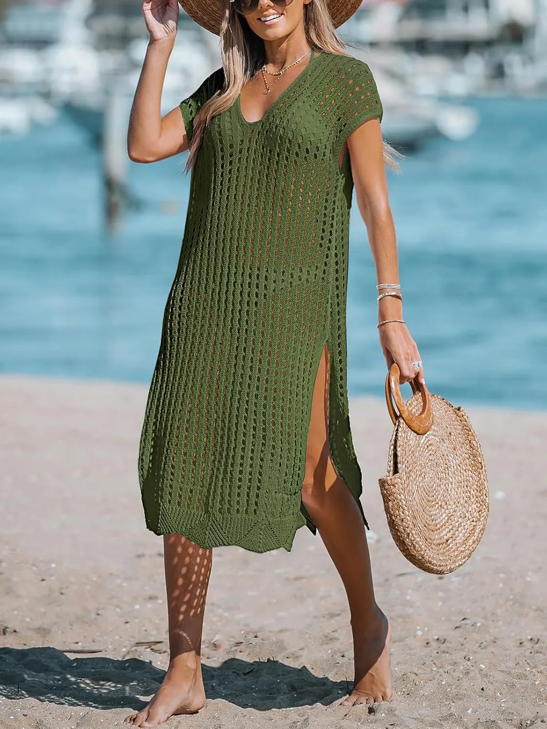 CUPSHE Women's Crochet Swim Suit Coverup Cap Sleeve Knit Loose Beach Cover Ups Side Split Midi Dress