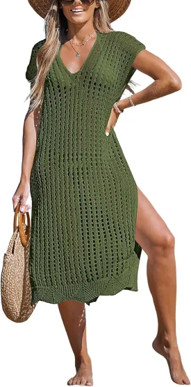 CUPSHE Women's Crochet Swim Suit Coverup Cap Sleeve Knit Loose Beach Cover Ups Side Split Midi Dress