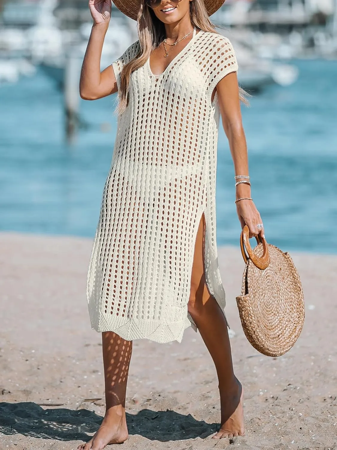 CUPSHE Women's Crochet Swim Suit Coverup Cap Sleeve Knit Loose Beach Cover Ups Side Split Midi Dress