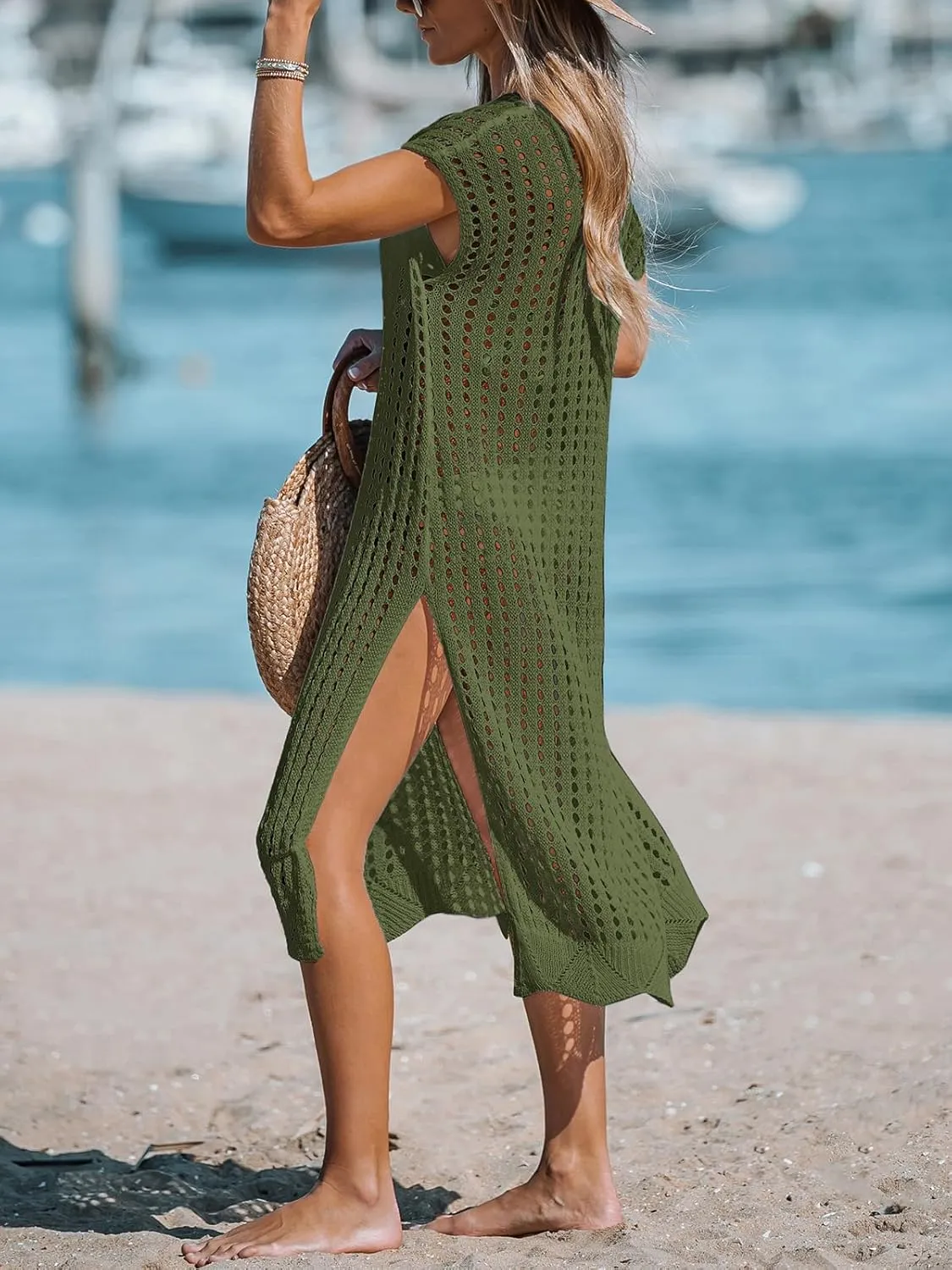 CUPSHE Women's Crochet Swim Suit Coverup Cap Sleeve Knit Loose Beach Cover Ups Side Split Midi Dress
