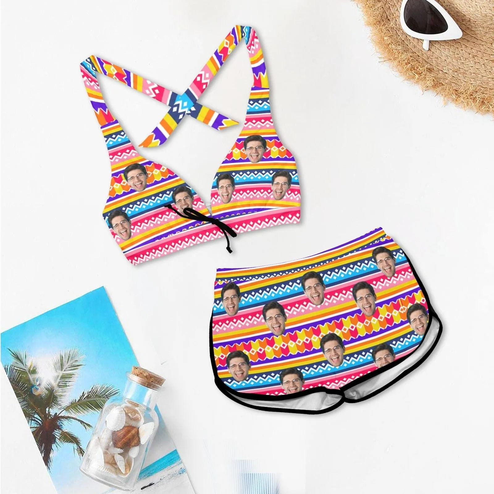 Custom Face Colorful Stripe Boyshorts Bikini Set Personalized Halter V Neck Top Athletic Bathing Suit High Waisted Bikini