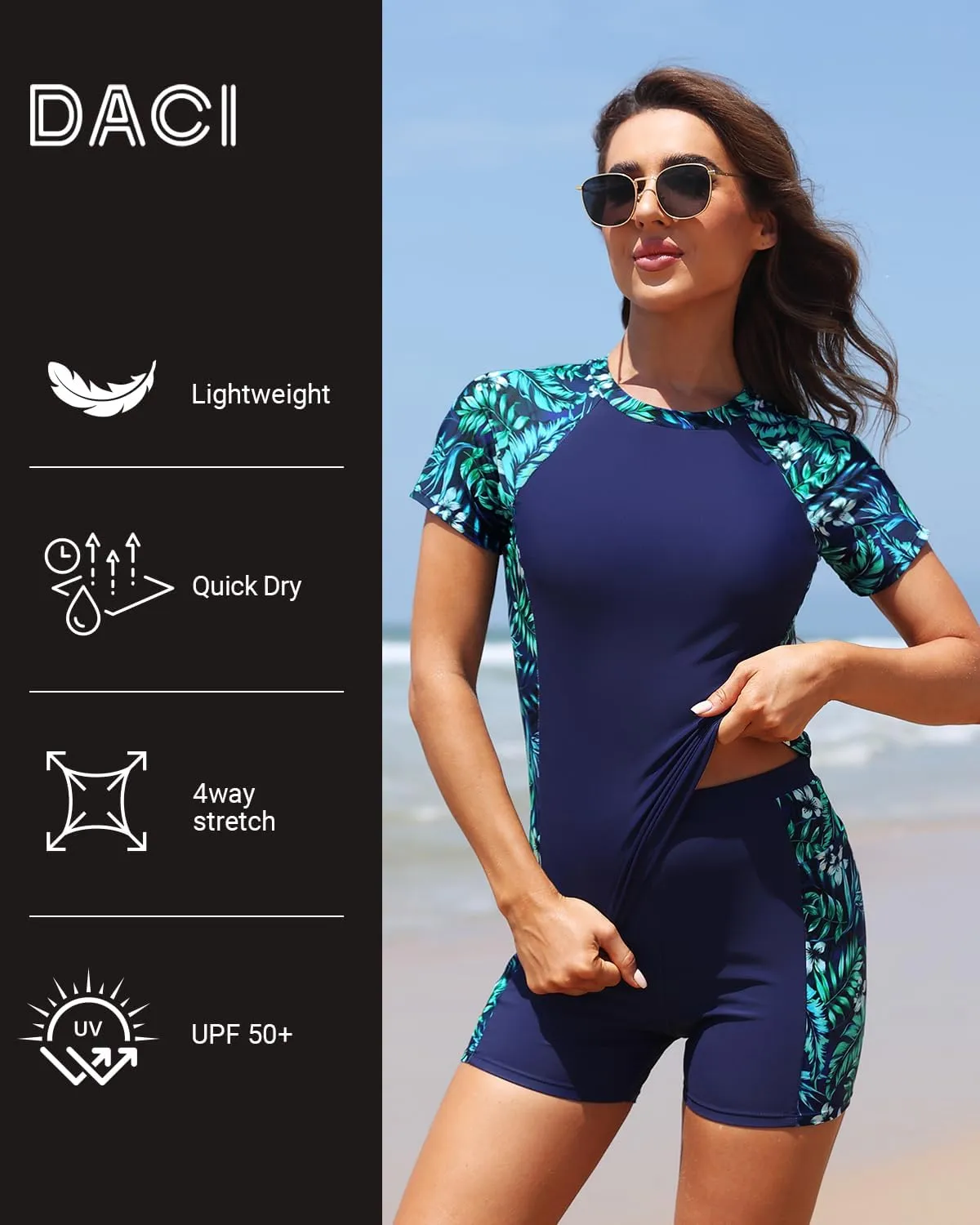 Daci Women's Two Piece Rash Guard - Short Sleeve Swim Shirt with Built-in Bra and Shorts with Pockets