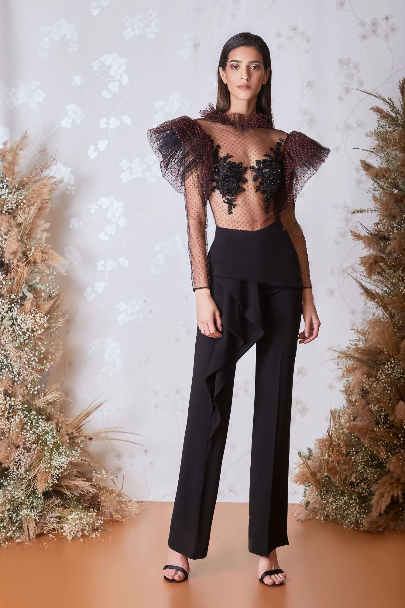 Dotted Tulle Top with Ruffles and Pants