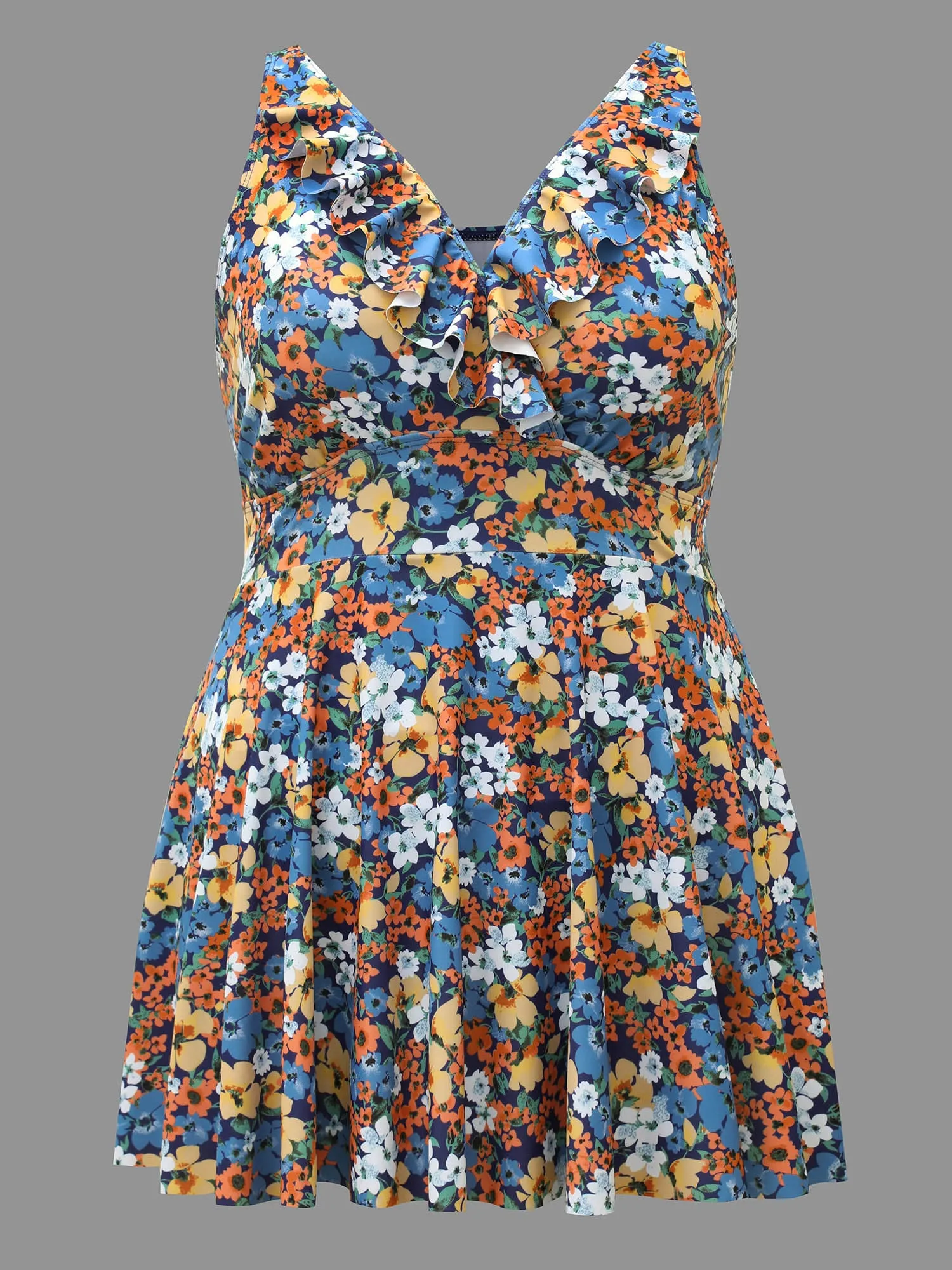 Floral Ruffled Flared Swim Dress