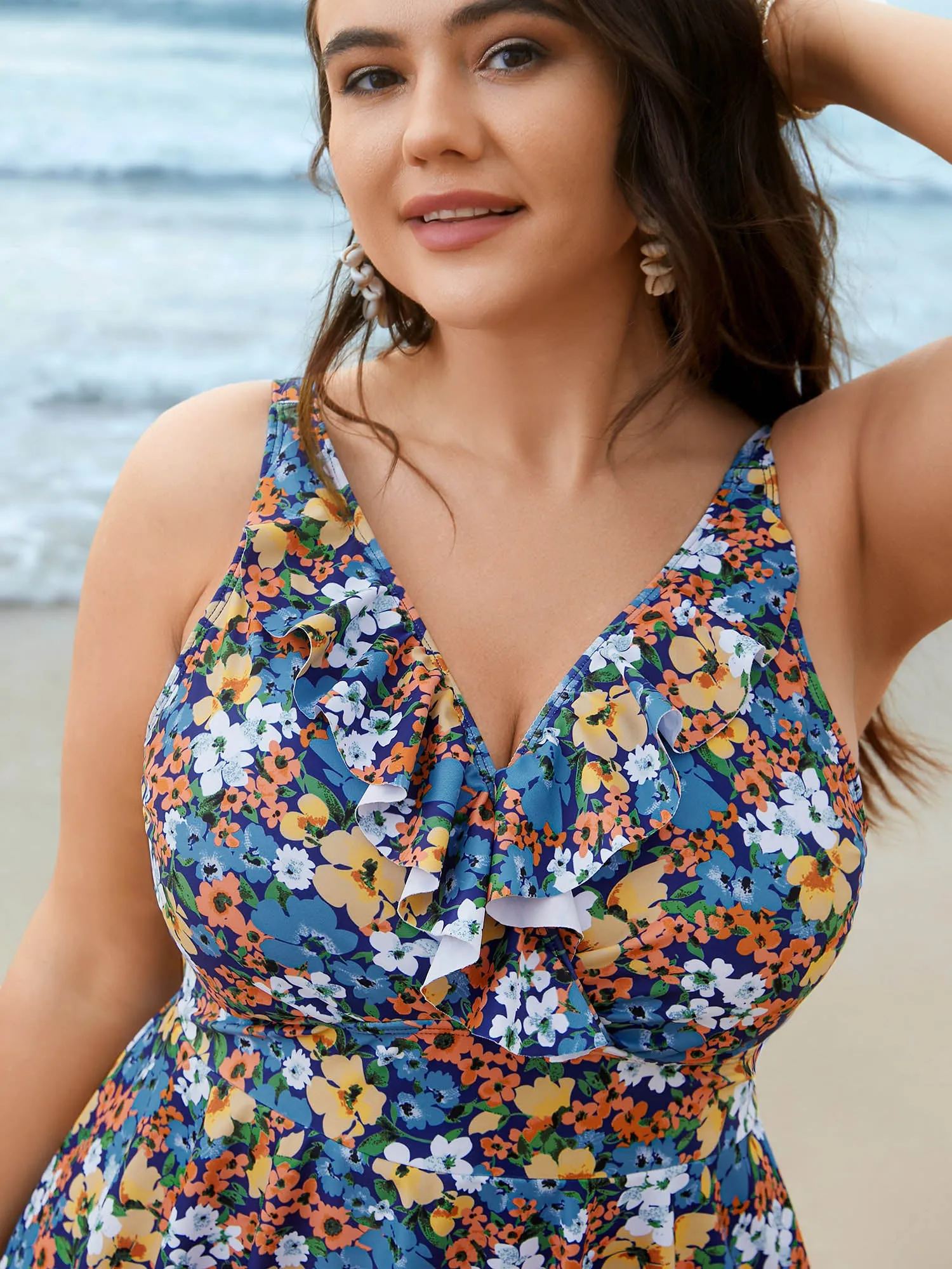 Floral Ruffled Flared Swim Dress