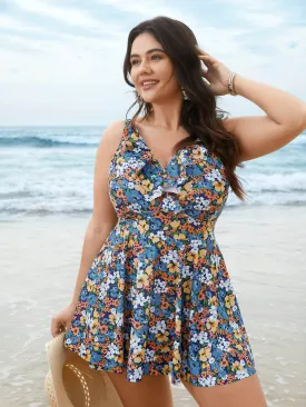 Floral Ruffled Flared Swim Dress