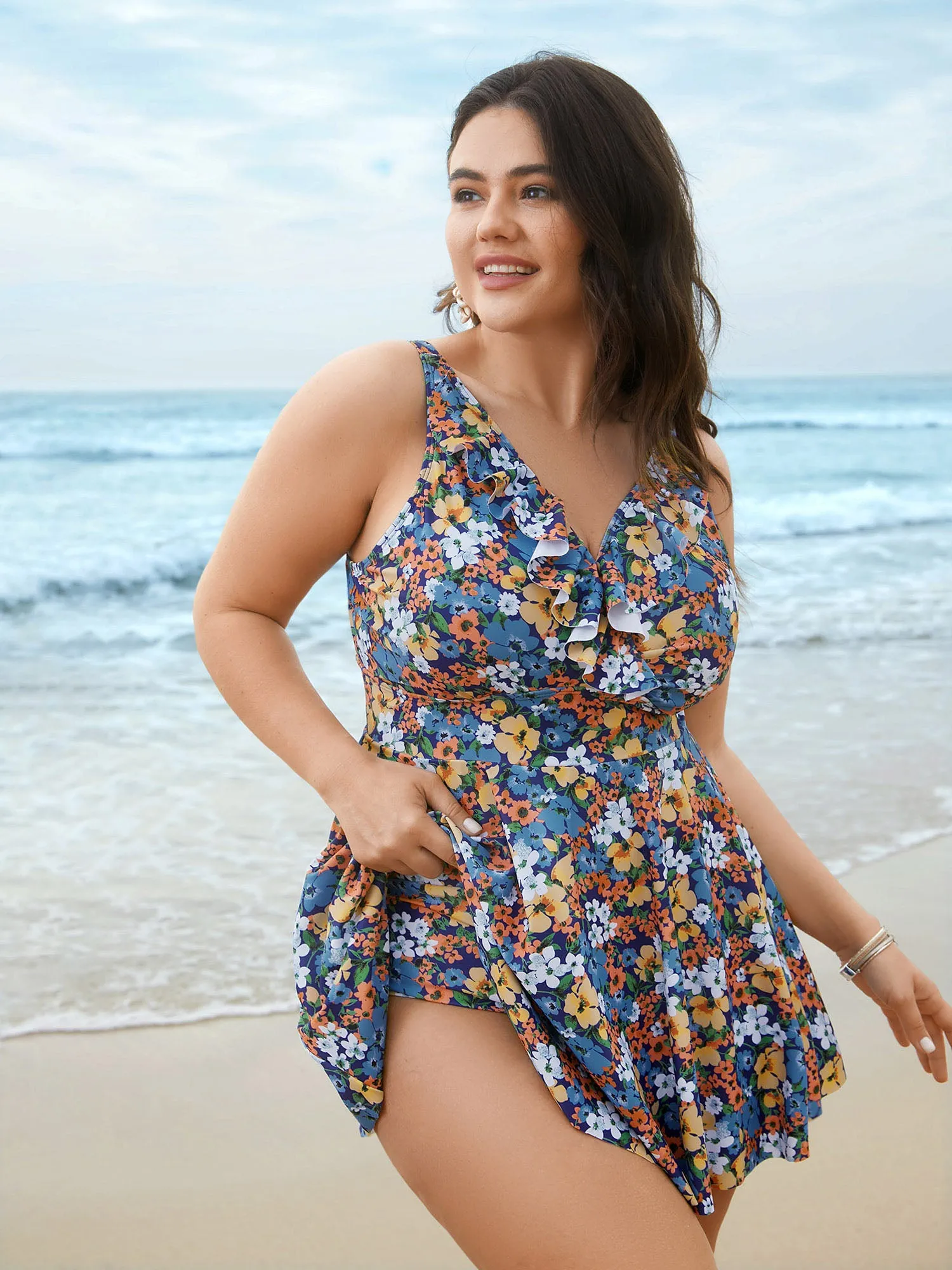Floral Ruffled Flared Swim Dress