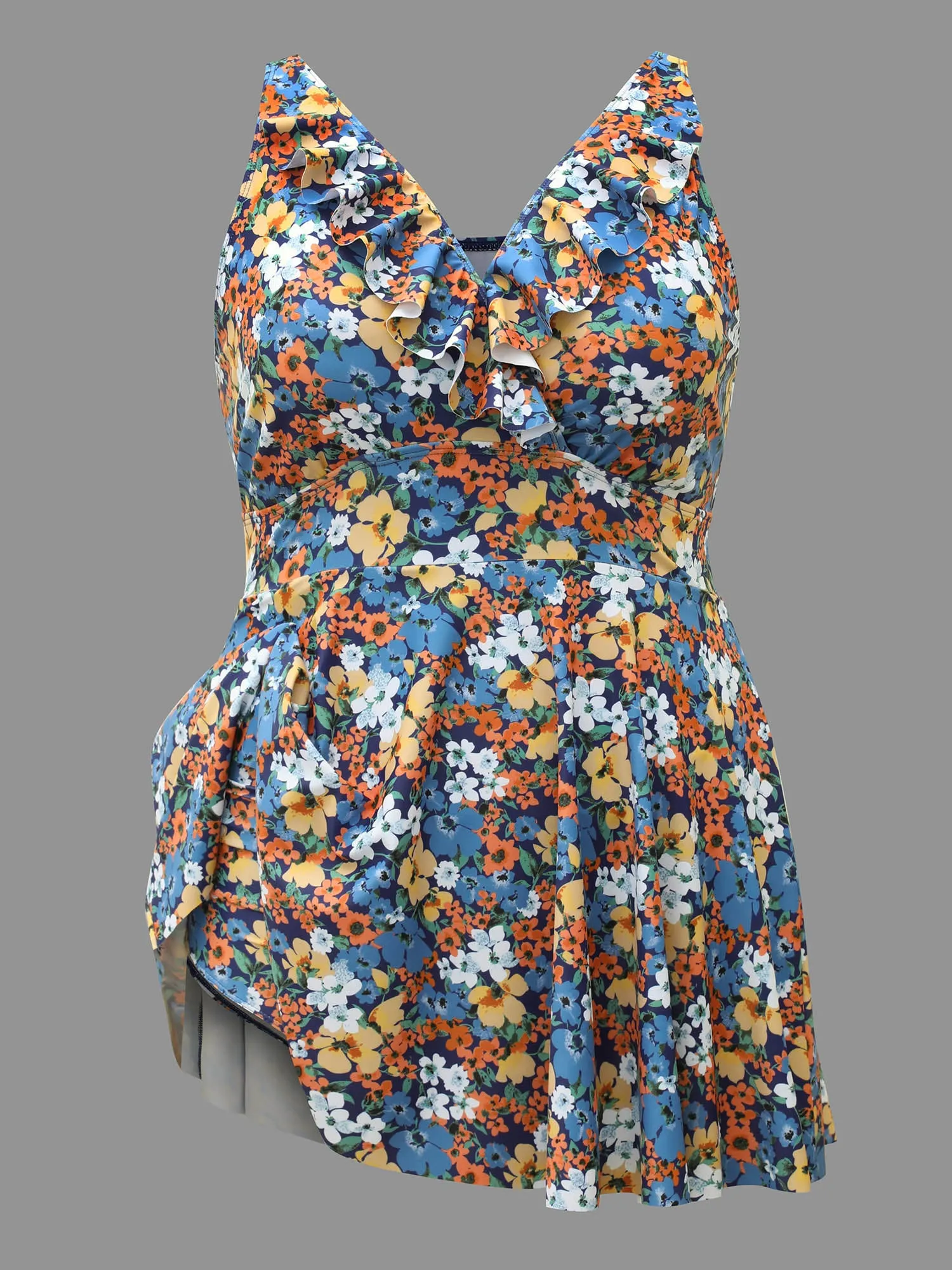 Floral Ruffled Flared Swim Dress