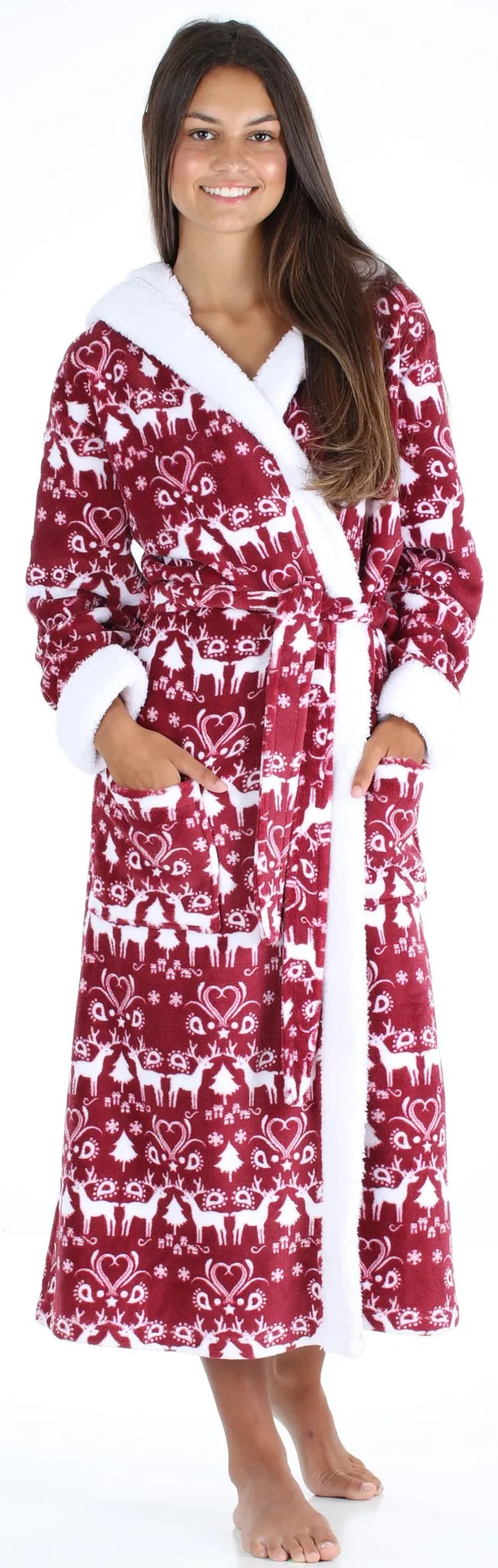 Frankie & Johnny Women’s Fleece Robe Sherpa-Lined Hooded Bathrobe