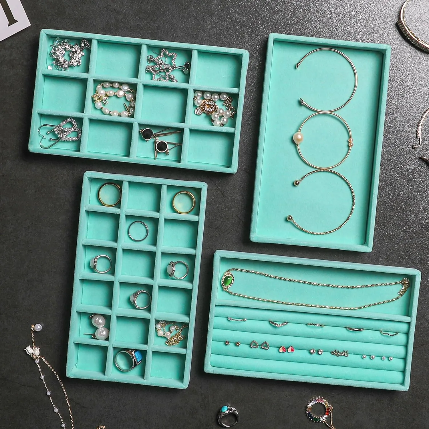Frebeauty Jewelry Organizer Tray,Stackable Velvet Jewelry Trays,Drawer Inserts Earring Organizer For Women Jewelry Storage Display Case for Rings Stud Necklaces,Set of 6(Turquoise)