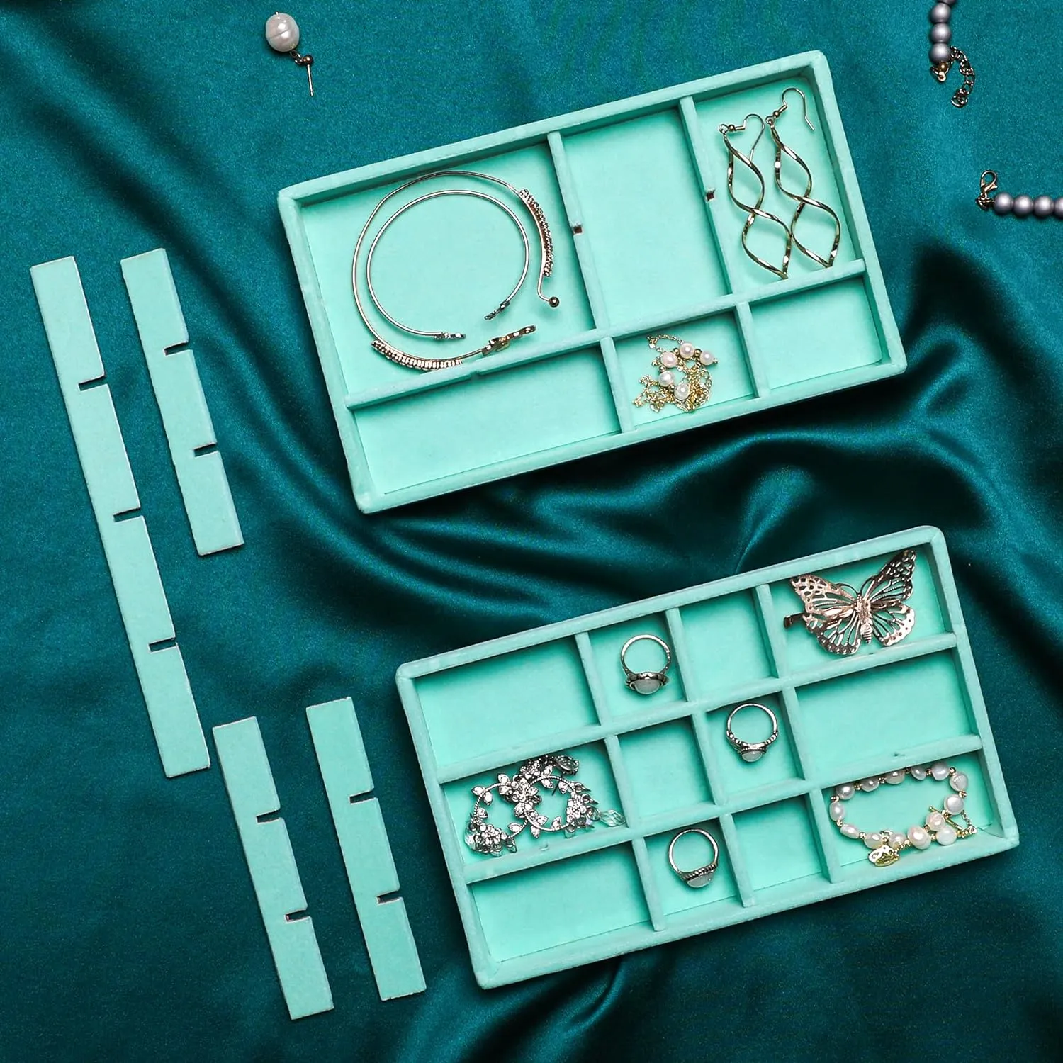 Frebeauty Jewelry Organizer Tray,Stackable Velvet Jewelry Trays,Drawer Inserts Earring Organizer For Women Jewelry Storage Display Case for Rings Stud Necklaces,Set of 6(Turquoise)