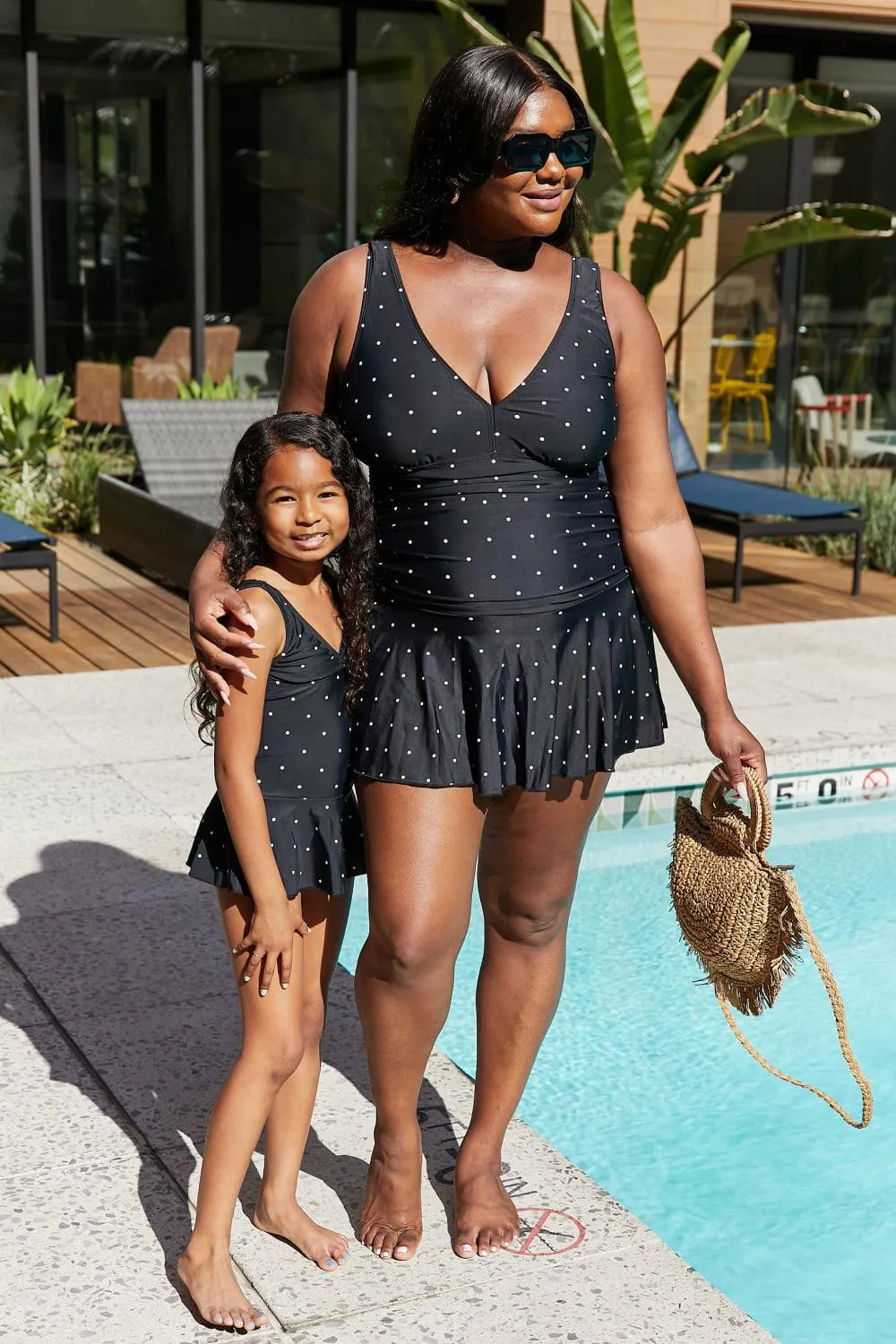 Girls Marina West Swim Clear Waters Swim Dress in Black/White Dot