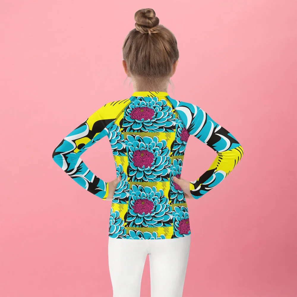 Girl's Pop Art BJJ Long Sleeve Rash Guards - Roy Lichtenstein Inspired Dahlia Print 002