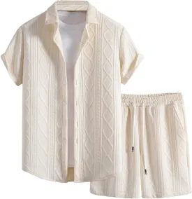 GORGLITTER Men's 2 Piece Outfits Waffle Knit Button Down Shirt Top and Shorts Set
