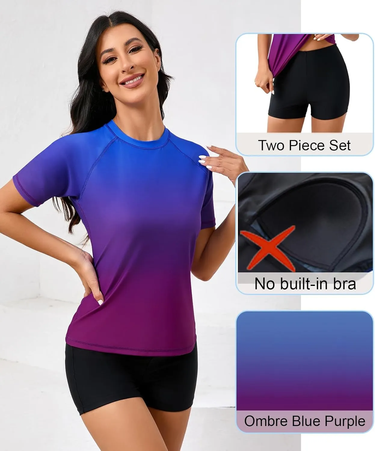Halcurt Women Short Sleeve Two Piece Rash Guard Set UPF 50 Swim Shirt with Board Shorts