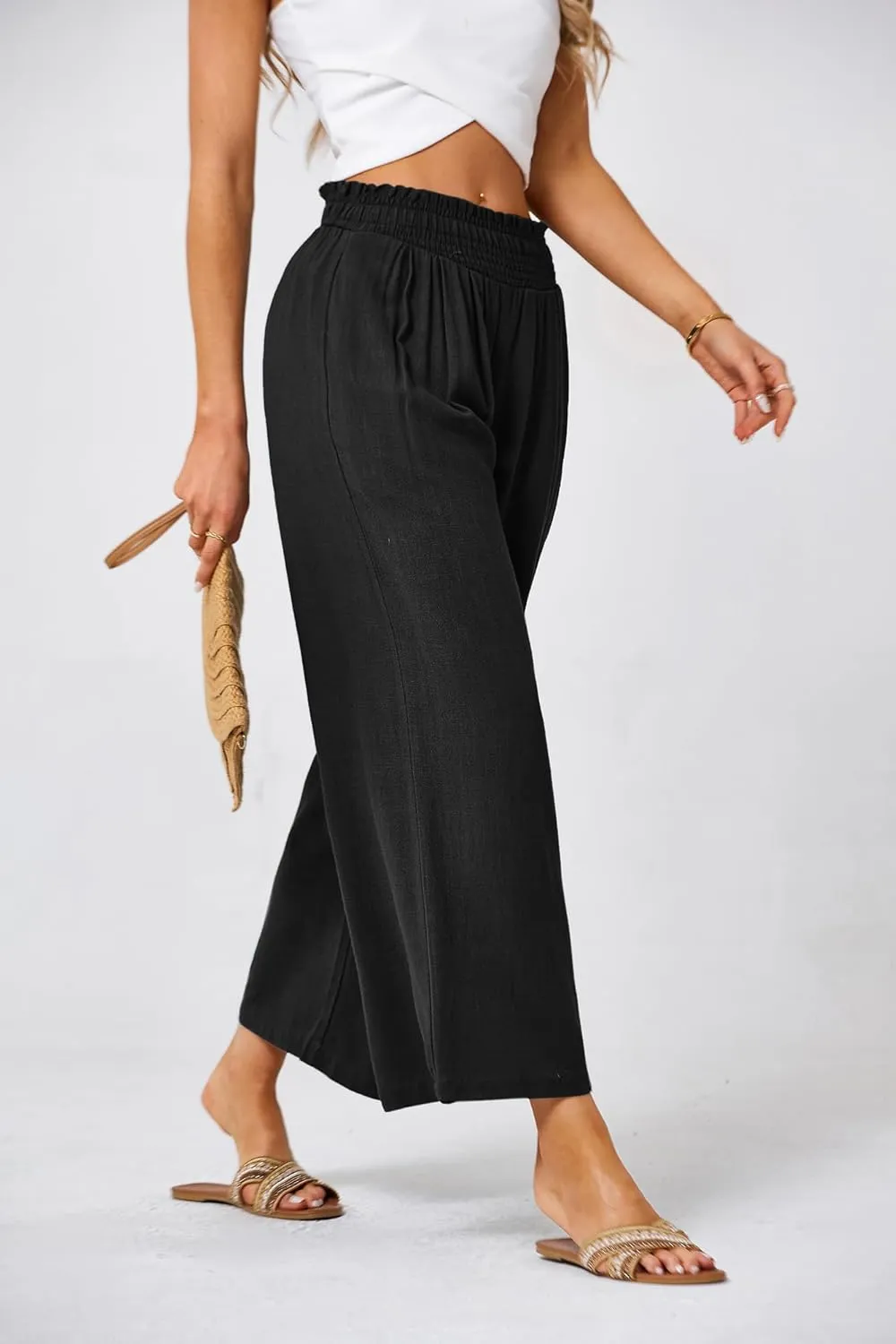 JASAMBAC Women's Capri Linen Wide Leg Pants Summer Boho Wide Leg Pants Smocked High-Rise Waist Casual Beach Pants with Pocket