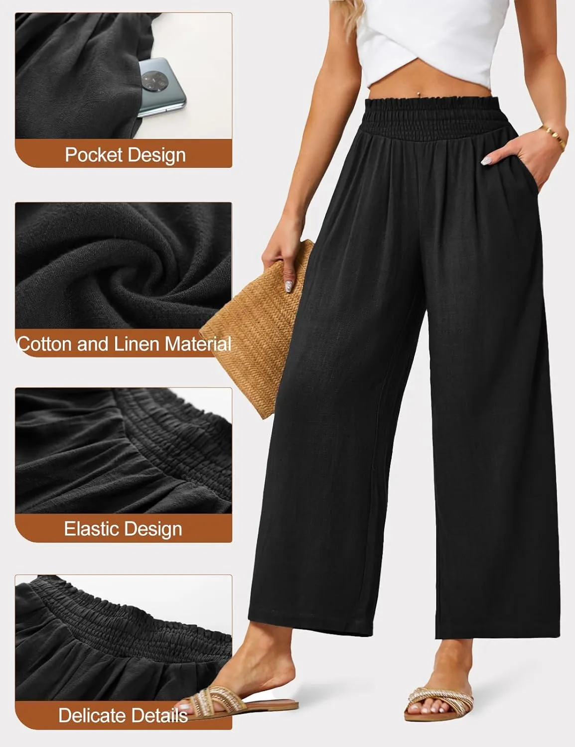 JASAMBAC Women's Capri Linen Wide Leg Pants Summer Boho Wide Leg Pants Smocked High-Rise Waist Casual Beach Pants with Pocket