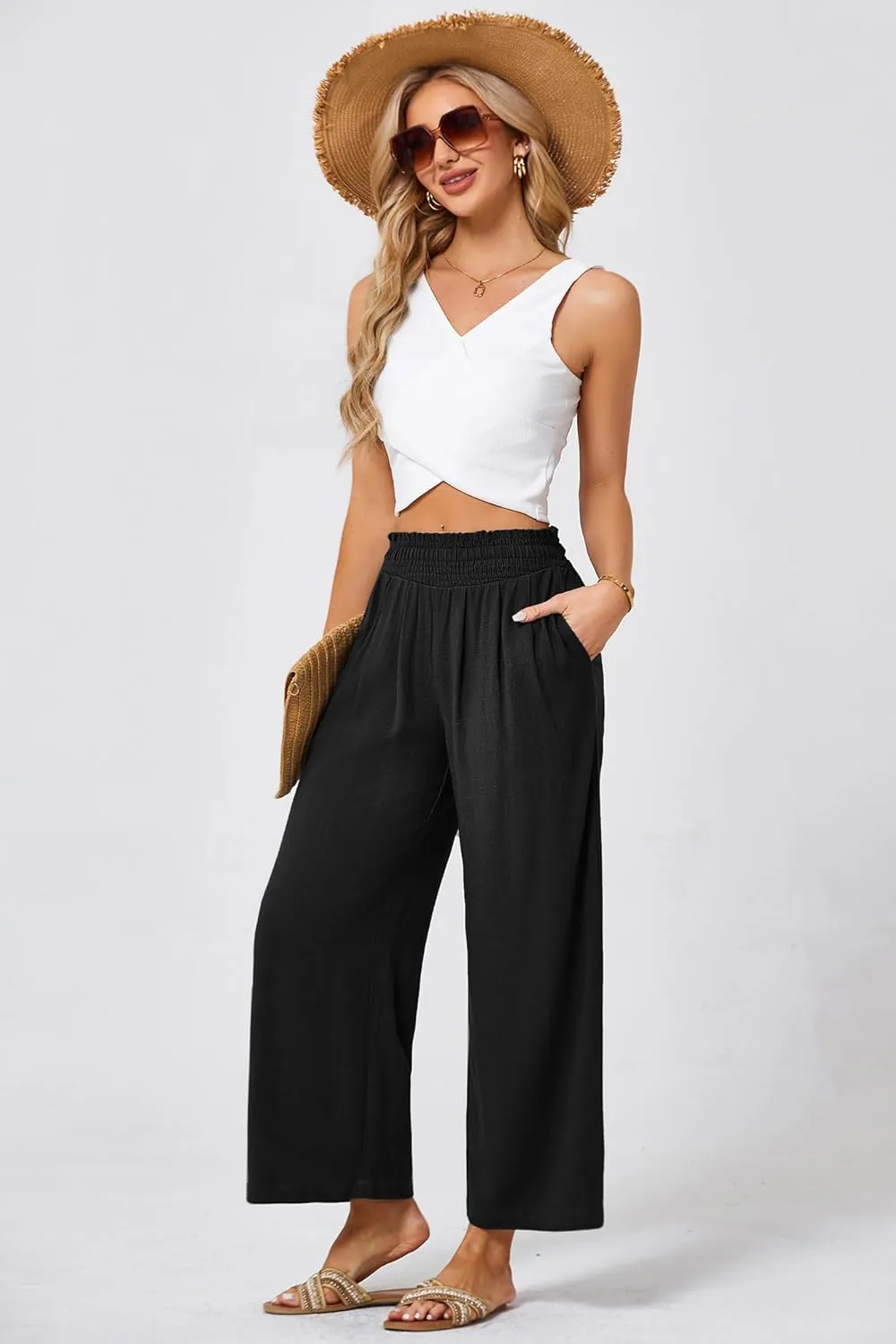 JASAMBAC Women's Capri Linen Wide Leg Pants Summer Boho Wide Leg Pants Smocked High-Rise Waist Casual Beach Pants with Pocket
