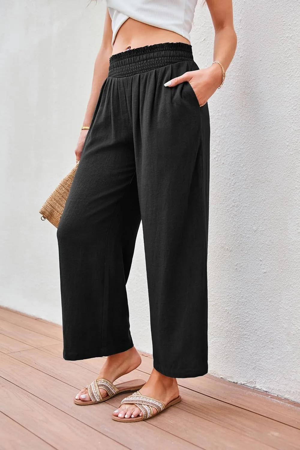 JASAMBAC Women's Capri Linen Wide Leg Pants Summer Boho Wide Leg Pants Smocked High-Rise Waist Casual Beach Pants with Pocket
