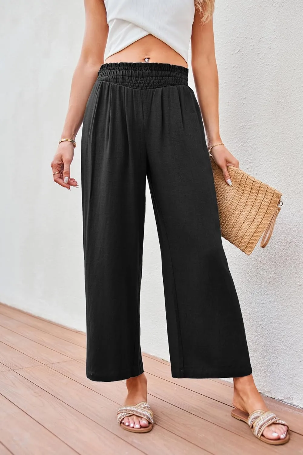 JASAMBAC Women's Capri Linen Wide Leg Pants Summer Boho Wide Leg Pants Smocked High-Rise Waist Casual Beach Pants with Pocket