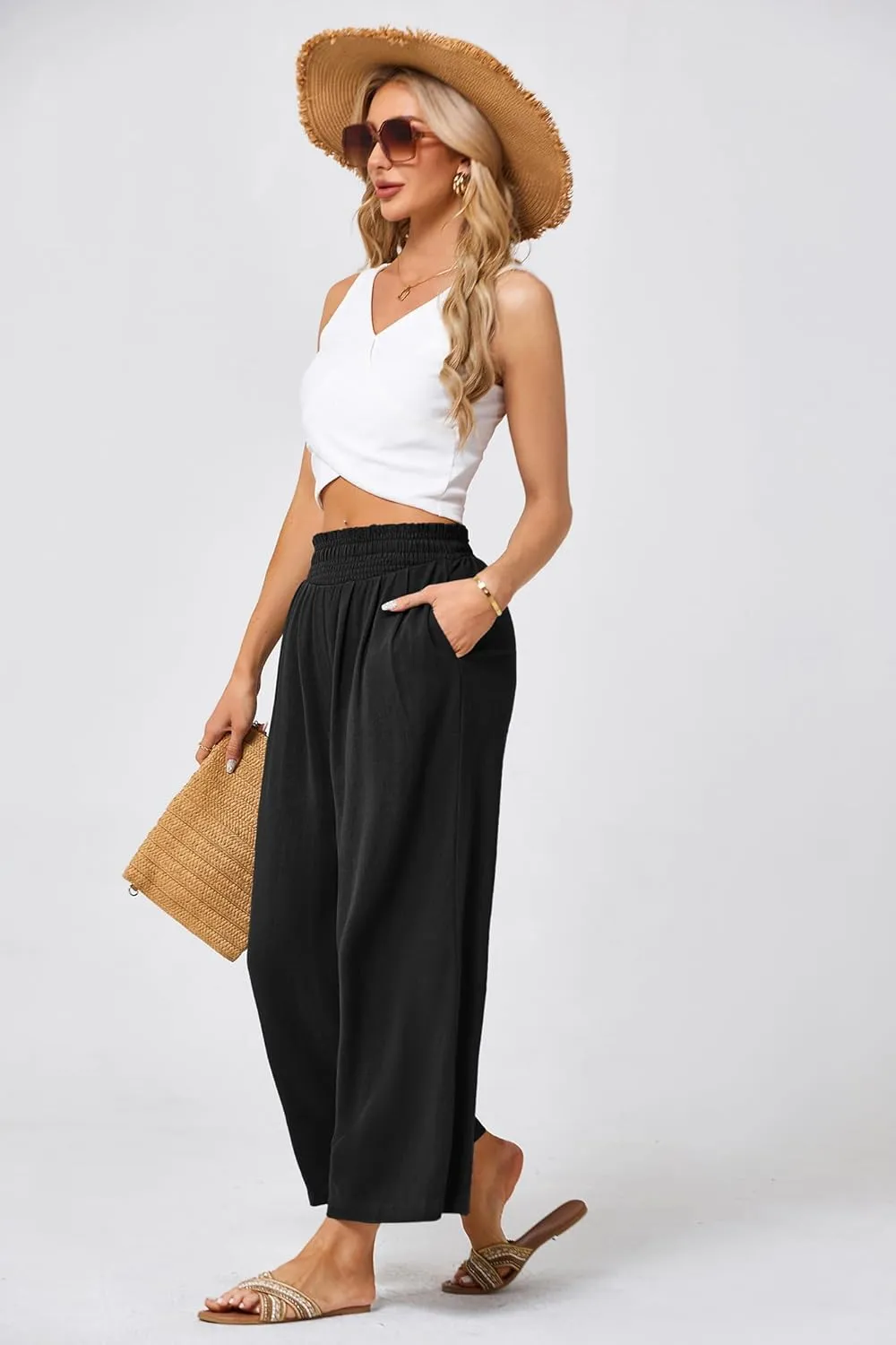 JASAMBAC Women's Capri Linen Wide Leg Pants Summer Boho Wide Leg Pants Smocked High-Rise Waist Casual Beach Pants with Pocket