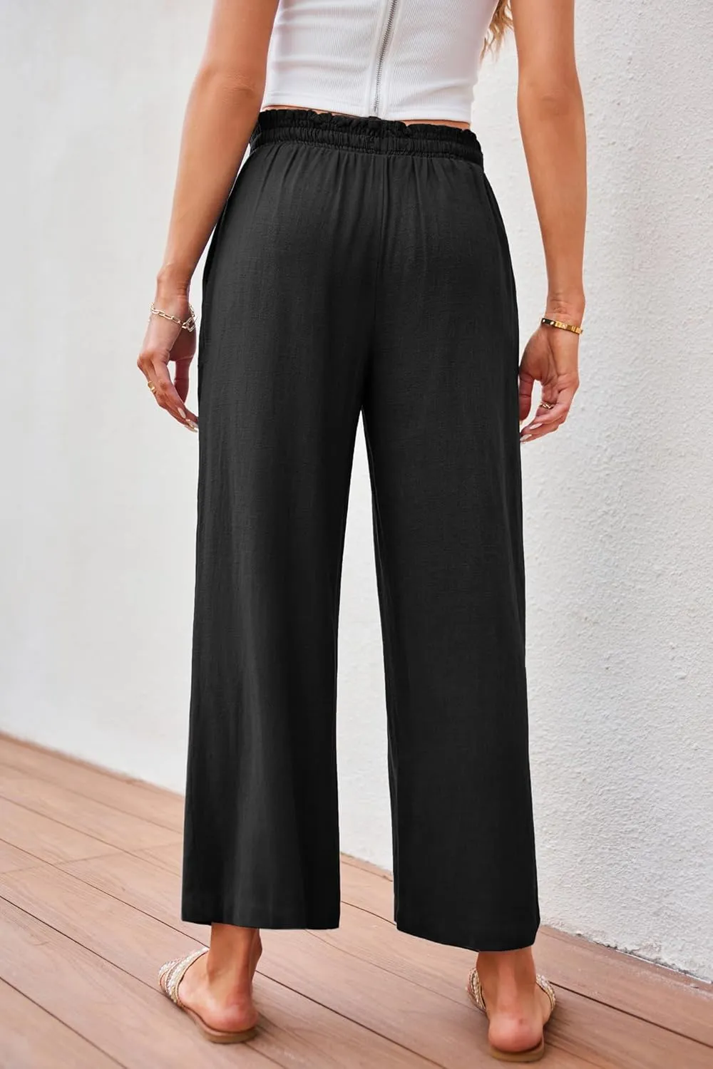 JASAMBAC Women's Capri Linen Wide Leg Pants Summer Boho Wide Leg Pants Smocked High-Rise Waist Casual Beach Pants with Pocket