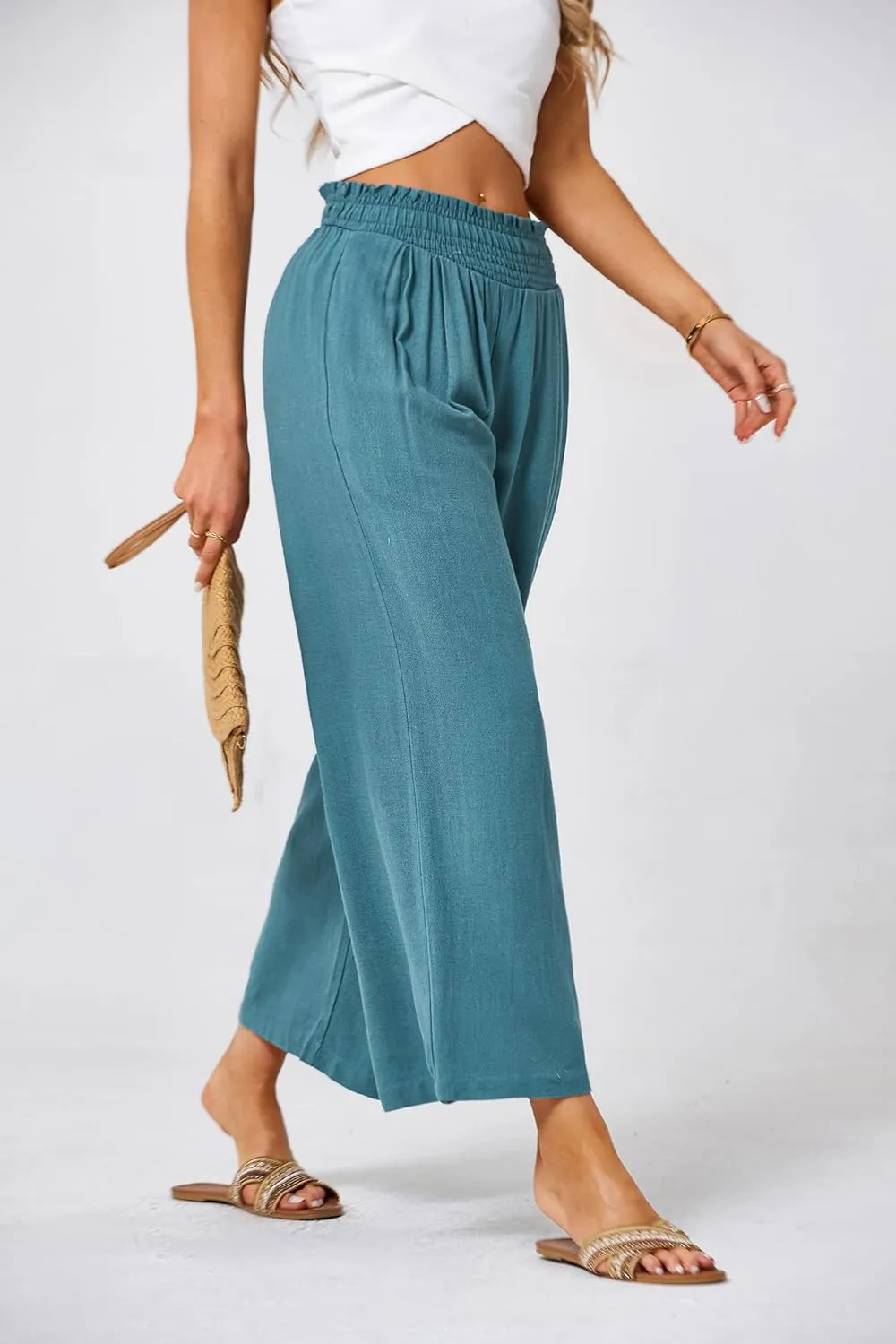 JASAMBAC Women's Capri Linen Wide Leg Pants Summer Boho Wide Leg Pants Smocked High-Rise Waist Casual Beach Pants with Pocket