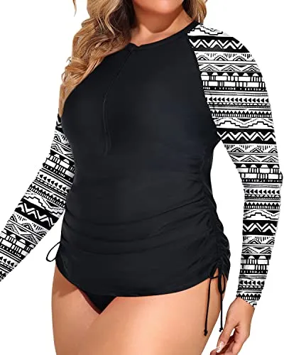 Long Sleeve Upf 50  Rash Guard Plus Size Zipper Swim Shirt With Bottom-Black And White Snake Print