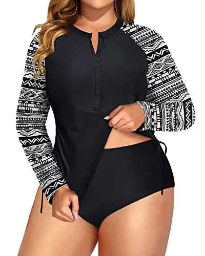 Long Sleeve Upf 50  Rash Guard Plus Size Zipper Swim Shirt With Bottom-Black And White Snake Print